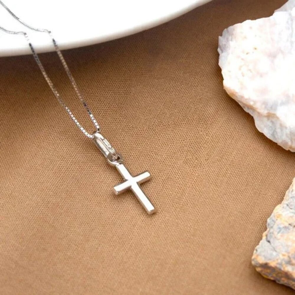 Dainty Small Cross Pendant, Real 10K White Gold Cross Charm Necklace